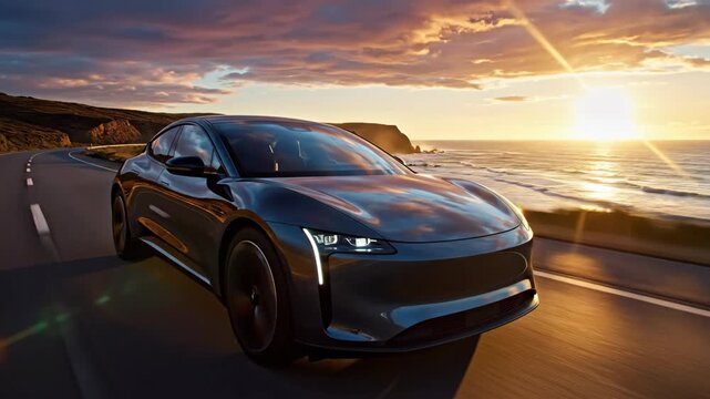 Sleek Electric Car Drives Along Scenic Coastal Highway at Sunset.