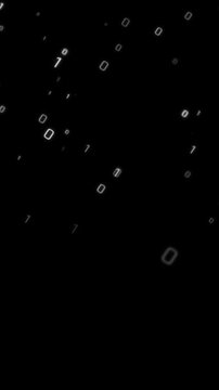 Vertical video Floating binary numbers with glowing particles on black background, digital data code animation, futuristic technology video overlay template