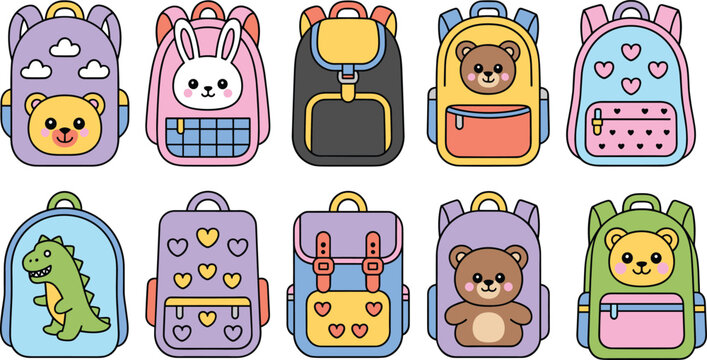 Cute kids backpack set featuring colorful school bags with animal characters and playful designs, vector illustration collection isolated on white background for children and education