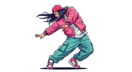 Fototapeta premium A young woman dancing energetically in a vibrant pink jacket and green pants