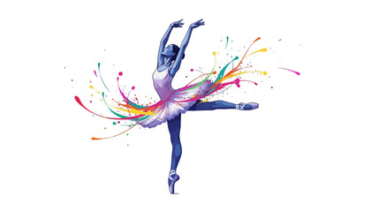 Obraz premium A ballerina in a dynamic pose with colorful paint splashes around her