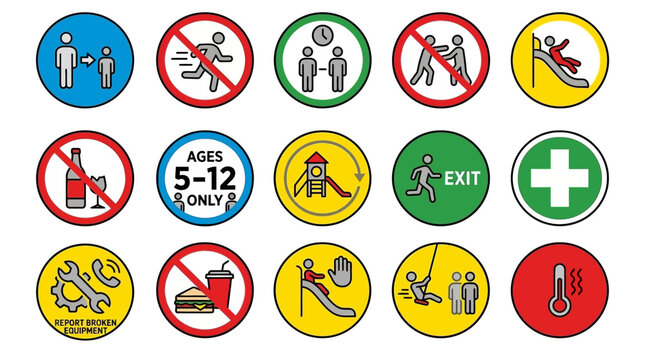 Set of playground safety signs and warning icons. EPS Editable. Vector Illustrations.