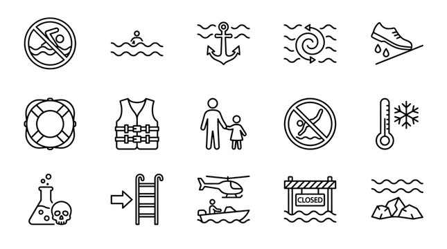 Set of water safety and hazard warning line icons. EPS Editable. Vector Illustrations.