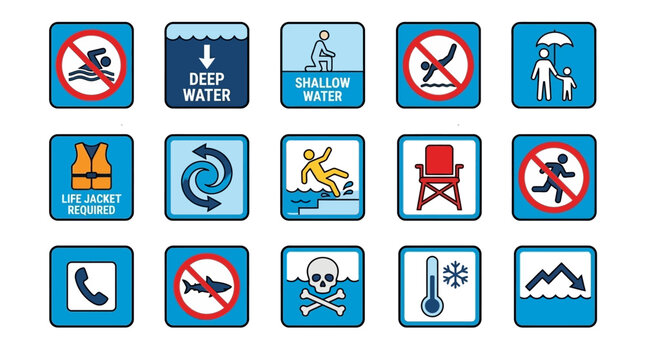 Collection of beach and swimming pool safety warning signs and hazard icons. EPS Editable. Vector Illustrations.