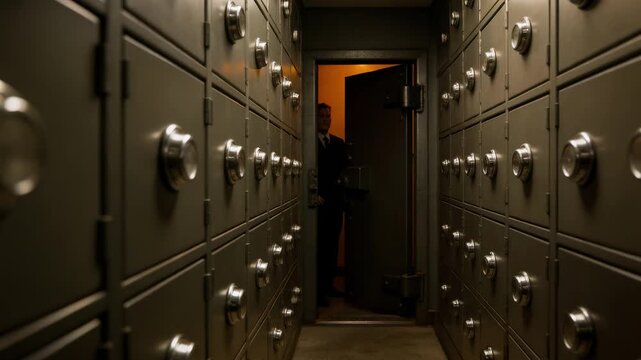 Medium shot of a secure metal safe deposit box corridor with a reinforced door low lighting and shallow focus highlighting the polished box handles.
