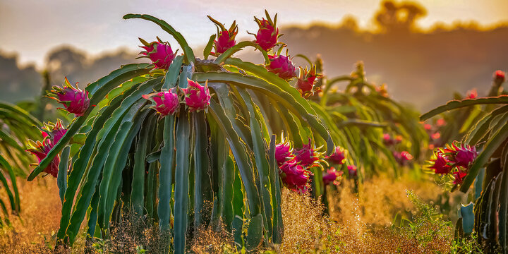 Eine Drachenfruchtpflanze in voller Bl&uuml;te, deren leuchtend rosa Fr&uuml;chte zwischen dicken gr&uuml;nen Stielen wachsen