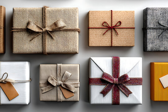 Gift wrapping design with various packs and ribbons arranged on a flat surface showing different shapes, sizes, and materials now ready for giving during a special occasion Generative AI