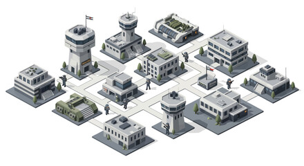 Isometric 3D illustration showing an army base strategy map with buildings, a warship dock, and a military headquarters connected by roads, set against a clean backdrop © Mela mela