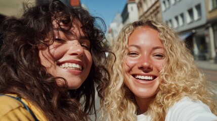Obraz premium Two Women Smiling at Camera in Outdoor Setting.