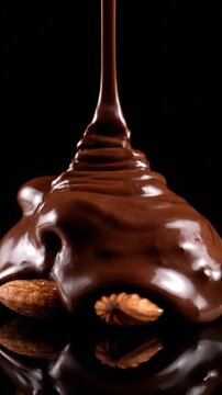A close up view of a pile of fresh brown almonds being covered by a thick stream of smooth melted dark chocolate on a black background