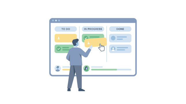 Business professional managing project tasks on a digital Kanban board. EPS Editable. Vector Illustrations.