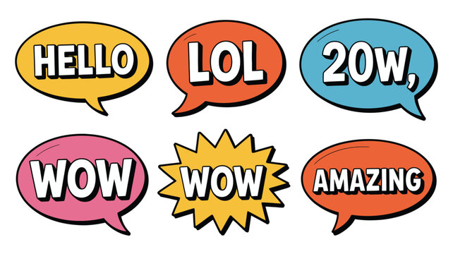 Colorful cartoon speech bubbles showing hello lol wow amazing phrases, internet slang chat elements, fun comic style design, high quality detailed modern elegant stylish vector illustration.