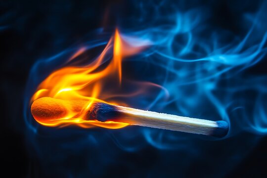 Burning Matchstick with Blue Smoke and Fiery Flames.