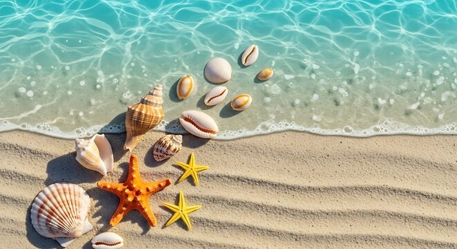 Colorful seashells and starfish scattered along a sandy beach shore