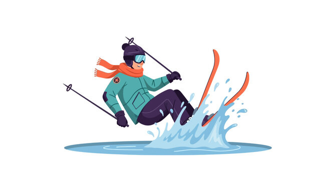 Cartoon skier crashing into water puddle illustration. EPS Editable. Vector Illustrations.