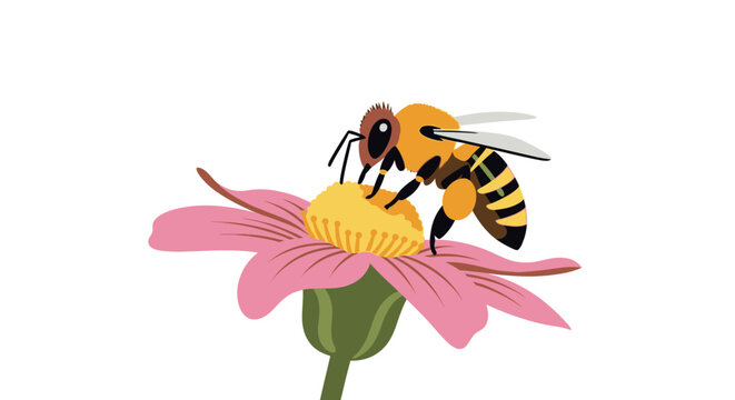 Cartoon illustration of a honey bee gathering nectar on a pink flower. EPS Editable. Vector Illustrations.