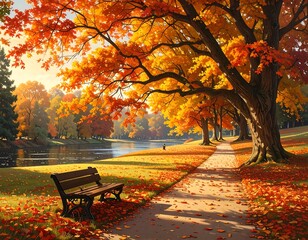 Obraz premium A vibrant autumn scene with a park path lined with trees, a lake and bench in a colorful display of fall foliage