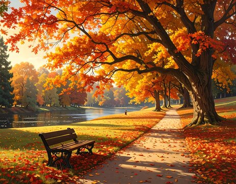 A vibrant autumn scene with a park path lined with trees, a lake and bench in a colorful display of fall foliage