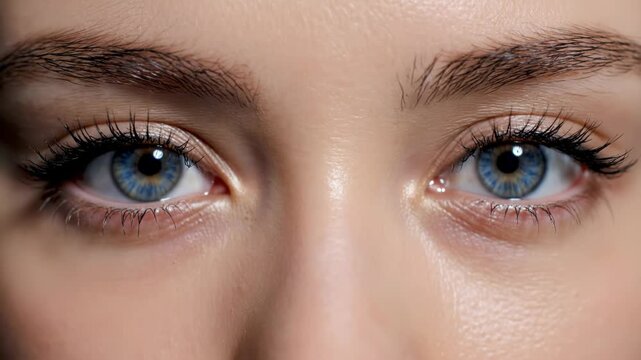 Extreme macro close-up of a young woman's bright blue eyes featuring detailed iris patterns, long thick black eyelashes, and groomed eyebrows on clear skin with neutral lighting.