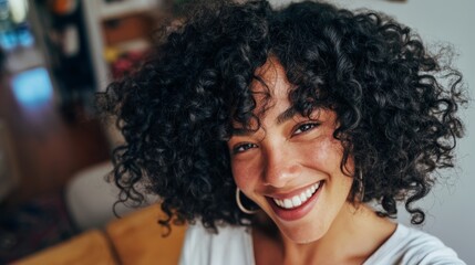 Fototapeta premium Smiling Woman with Short Curly Hair, Full-Length Portrait