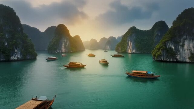 A serene video of boats sailing through a stunning limestone karst landscape at sunset