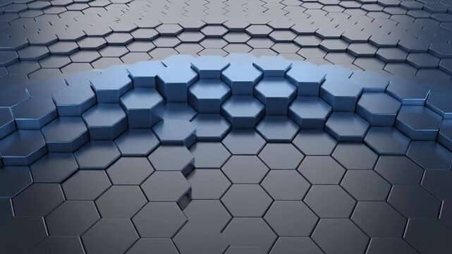An abstract background image features dark blue and gray hexagons, with a central elevated wave of lighter blue.