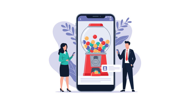 People using mobile phones next to a giant smartphone displaying gumball machine for digital rewards and gaming.