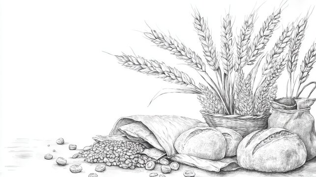 Bakery concept background featuring hand-sketched cereal plant elements, arranged with grain sacks and bread outlines in monochrome