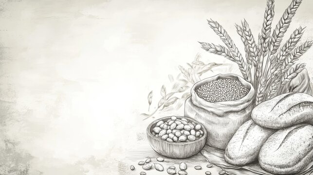 Bakery concept background featuring hand-sketched cereal plant elements, arranged with grain sacks and bread outlines in monochrome
