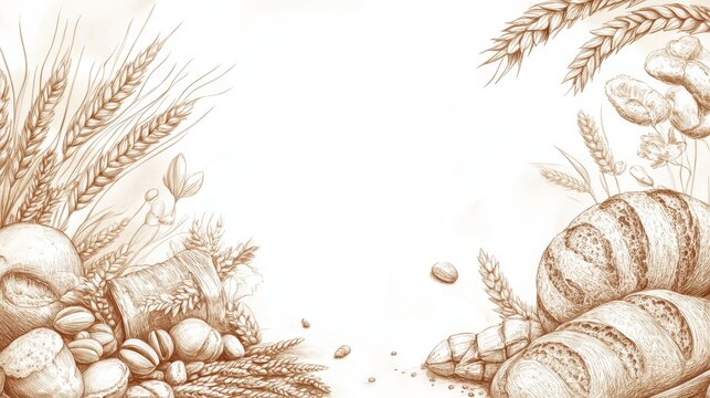 Bakery concept background featuring hand-sketched cereal plant elements, arranged with grain sacks and bread outlines in monochrome