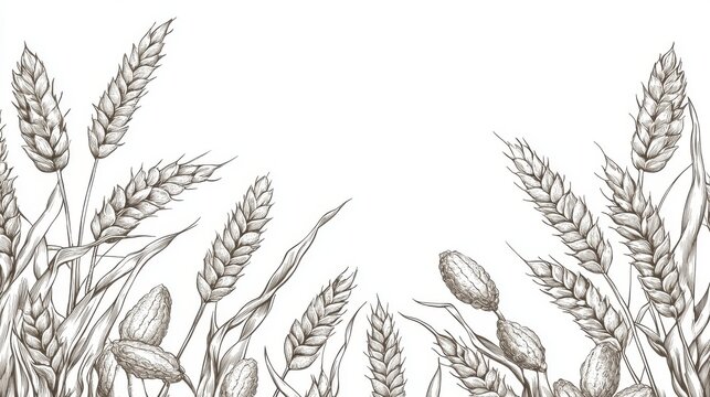 Line drawing of cereal plants forming a border around central bakery label space, showing detailed textures of kernels and stalks in ink engraving style