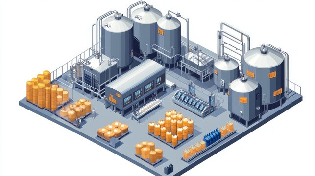 Detailed isometric brewery facility interior with modern tanks, vats, control panels, and storage units, designed in flat vector with soft shadows