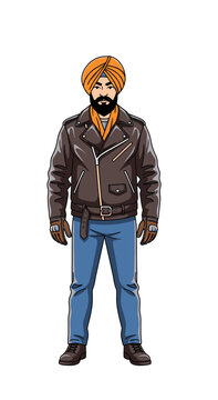 Sikh man wearing a leather jacket and jeans in a standing pose  