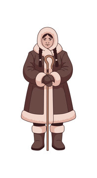 Plump Siberian Tuvan woman standing with a staff in winter clothing  