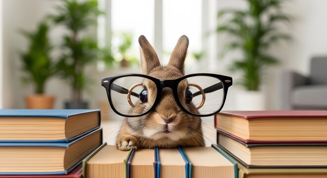 Cute studious bunny wearing black glasses and peeking over a stack of colorful books