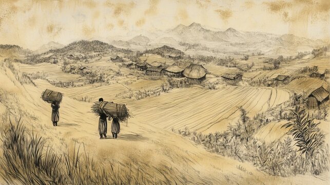 Detailed sketch-style artwork showing a group of farmers carrying harvested rice bundles over shoulders, with distant terraced fields and village huts