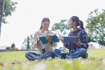 Fototapeta premium University students studying outdoors on campus grass