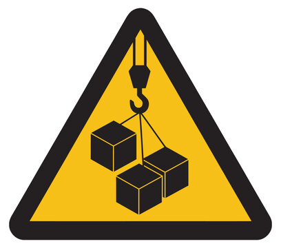Izaje de cargas, cargas colgadas o suspendidas, objetos que caen, riesgo de accidente, precauci&oacute;n se&ntilde;al s&iacute;mbolo, hoisting of loads and suspended loads warning sign, designed as a clear vector 