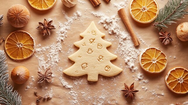 Minimalist holiday baking scene with fir tree cookie outline surrounded by scattered flour, cinnamon sticks, and dried orange slices