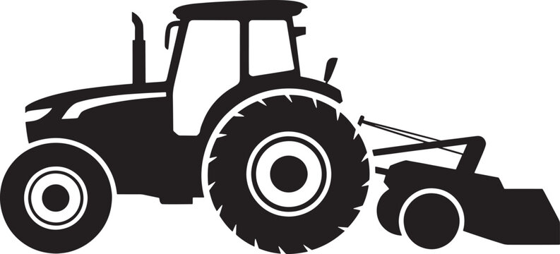 A black silhouette of a modern tractor pulling a tilling implement, representing agriculture, farming, and land cultivation