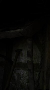 In a dim light, a weathered wooden structure stands beneath a thatched roof, telling stories of the past. The textures and shadows create an atmosphere of mystery and history.