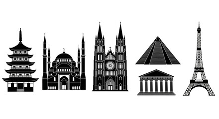 Obraz premium Iconic Landmarks Collection: Pagoda, Mosque, Cathedral, Pyramid, Eiffel Tower Silhouette