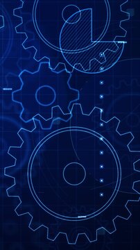 Vertical video Abstract gear system with technical blueprint style grid and interface elements. Engineering and technology concept for industrial systems