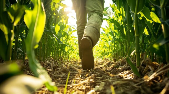 Low angle photo of a farmer walking barefoot or booted along a narrow corn row path, corn leaves brushing against legs in sunlight