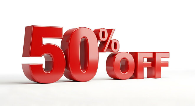 Red 50 percent off discount sign isolated on white background