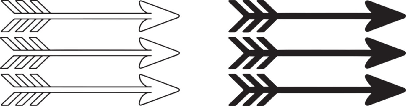 A representation of three arrows in outline and solid black styles, arranged horizontally, with feathered tails and pointed arrowheads, directional