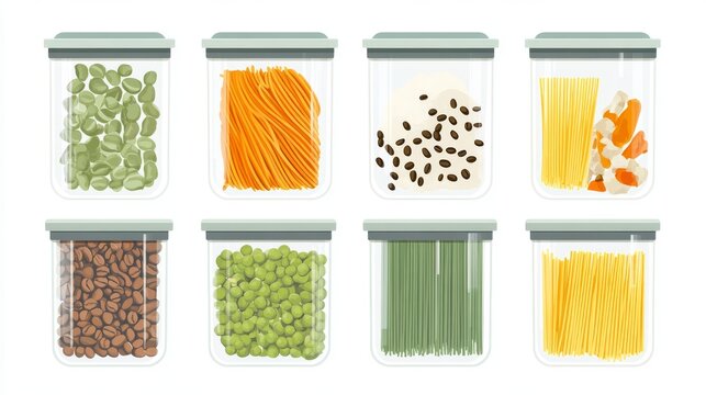 Flat vector illustration set of sealed clear kitchen containers neatly organized, each filled with dry food items like spaghetti, flour, coffee beans, green peas, and dried peppers