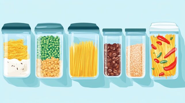 Flat vector illustration set of sealed clear kitchen containers neatly organized, each filled with dry food items like spaghetti, flour, coffee beans, green peas, and dried peppers