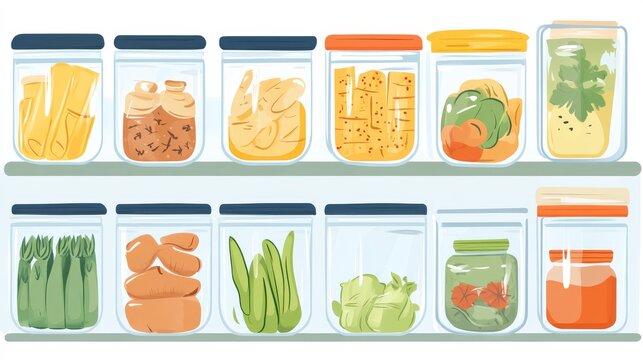 Flat illustration of home food preservation concept, transparent containers filled with pantry staples drawn in cartoon-style vector layout on white