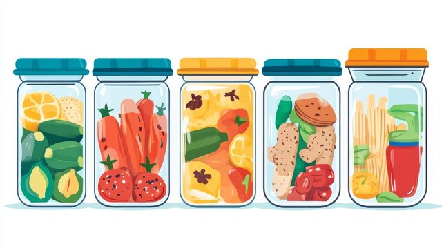 Flat illustration of home food preservation concept, transparent containers filled with pantry staples drawn in cartoon-style vector layout on white